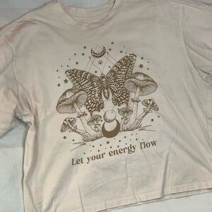 House of Cotton Graphic Tee with Butterfly & Mushroom Print - Cream, Size Large